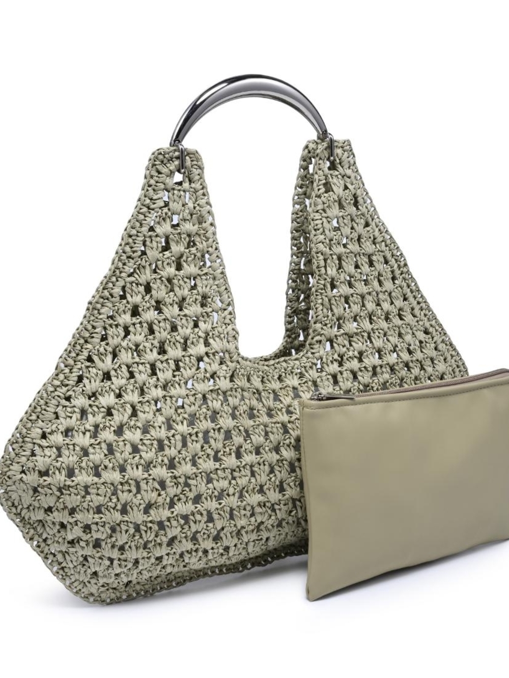 Woven Women's Crochet Hobo Bag with Silver Handle - Sage Green - Picture 3 of 5